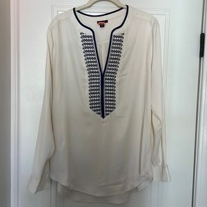 Ann Taylor ivory blouse with intricate blue embroidery